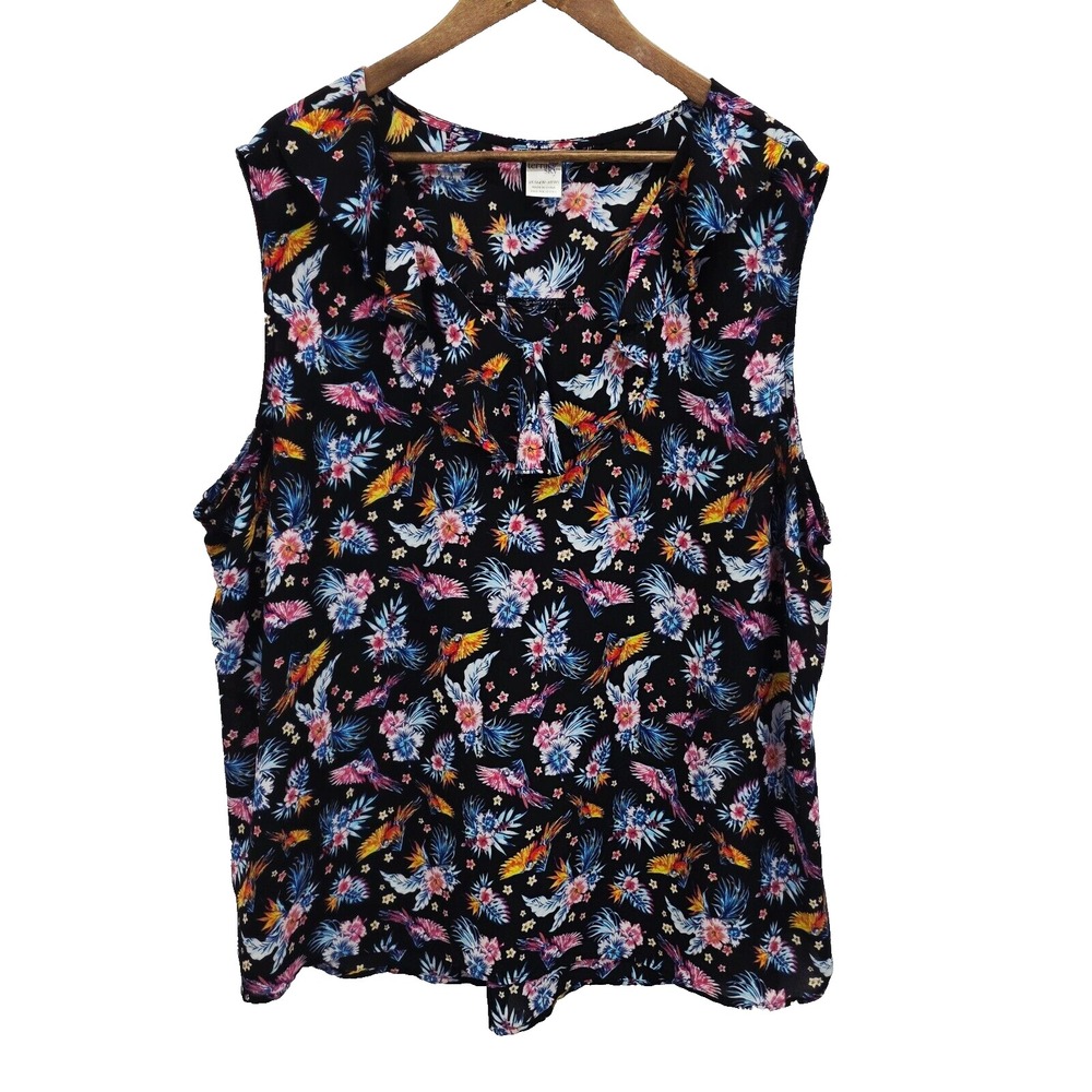 Terra & Sky Womens 3X Black Floral‎ Tropical Sleeveless V-Neck Blouse Plus
